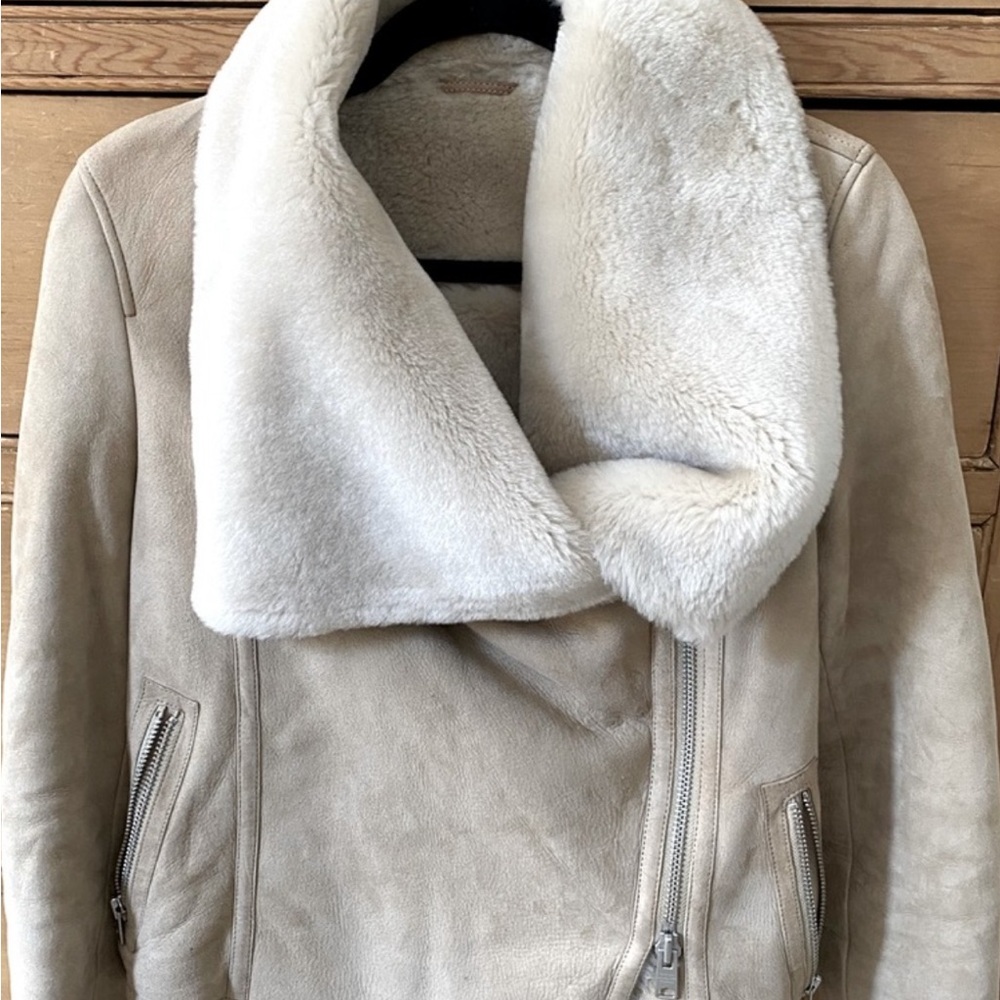 All Saints Cream Leather Jacket with Shearling Collar